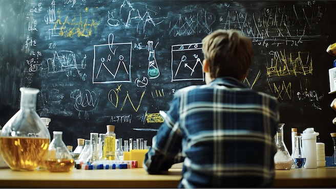 chemistry tutor with a student in front of a black board in a face to face lesson